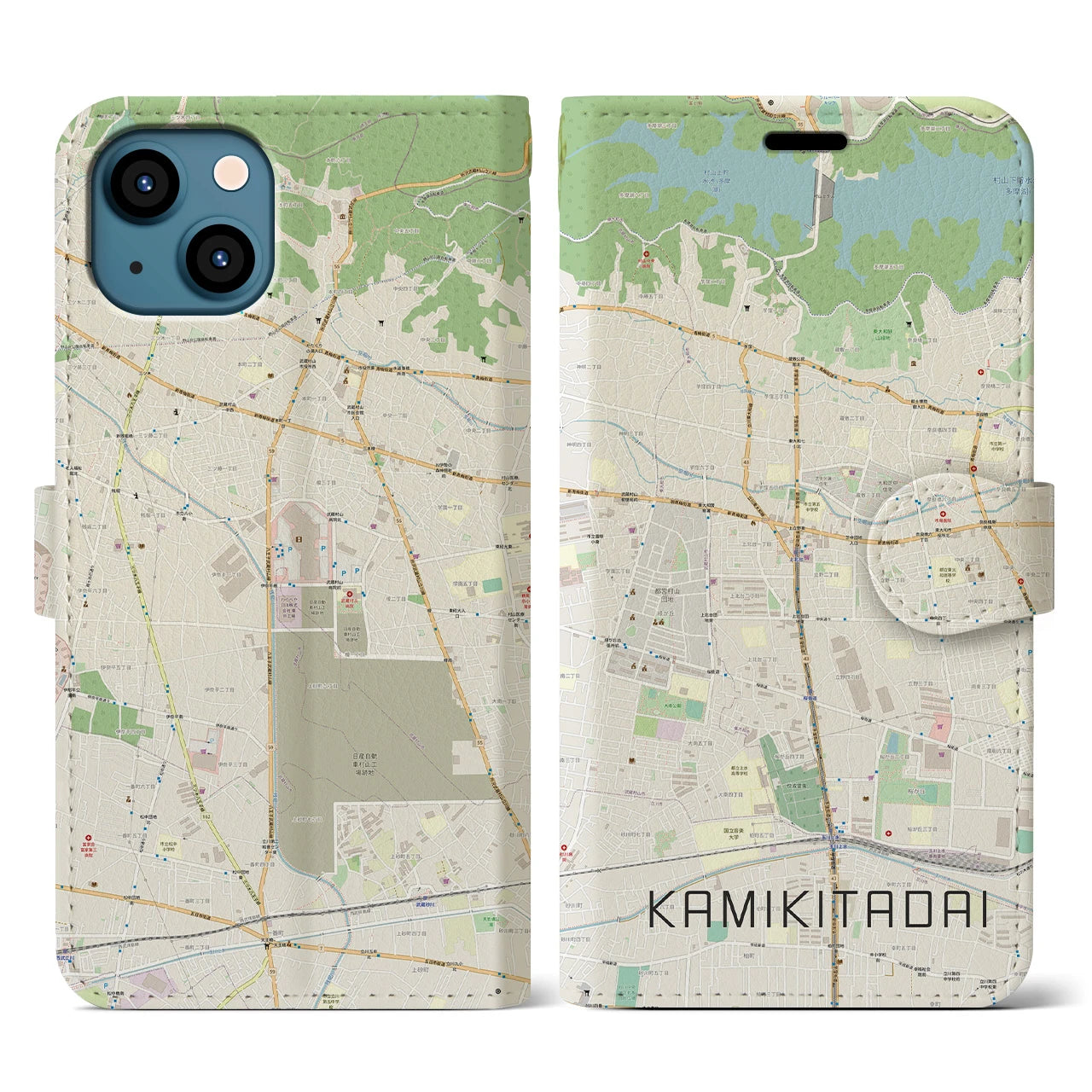 【上北台（東京都）】地図柄iPhoneケース（手帳タイプ）ナチュラル・iPhone 13 用