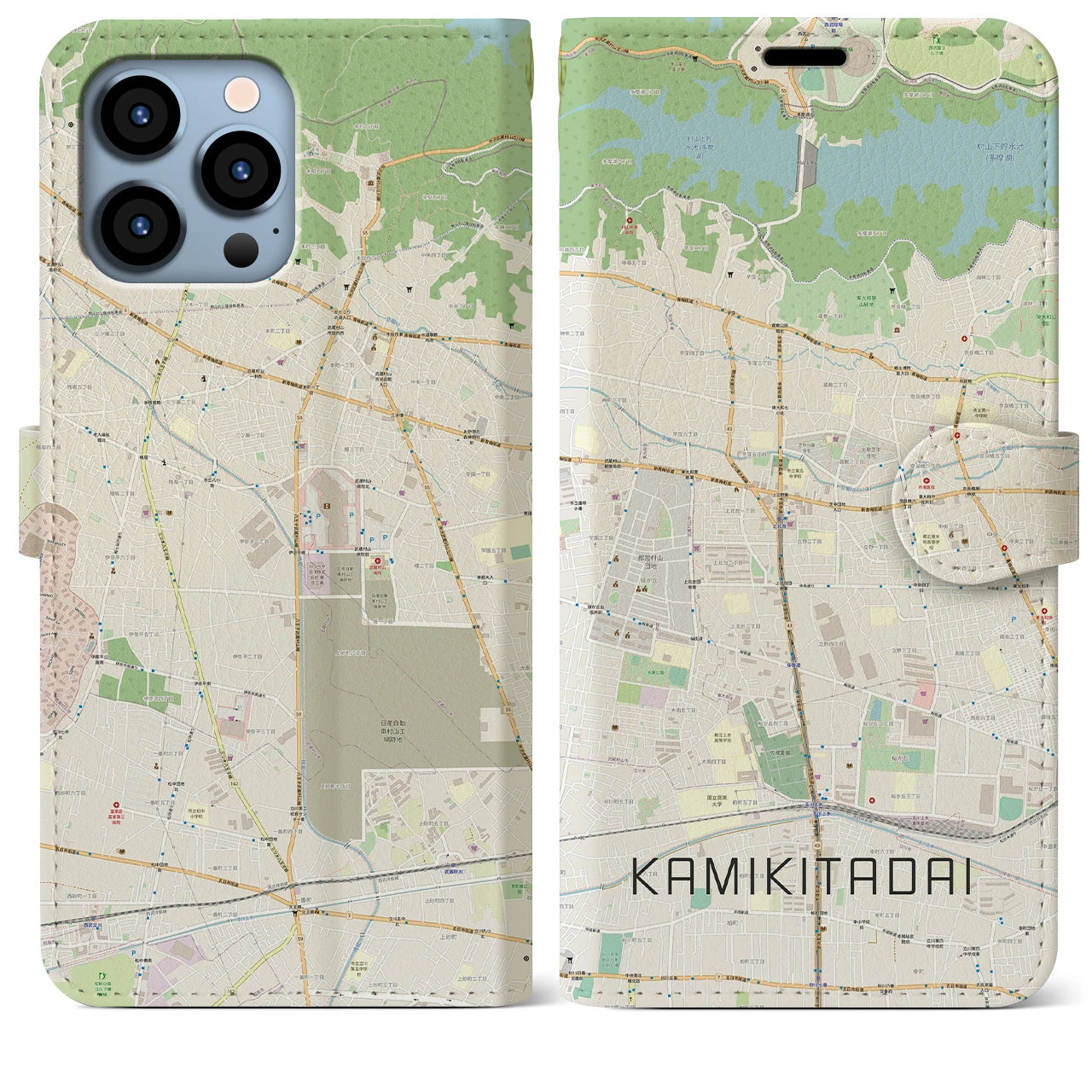 【上北台（東京都）】地図柄iPhoneケース（手帳タイプ）ナチュラル・iPhone 13 Pro Max 用