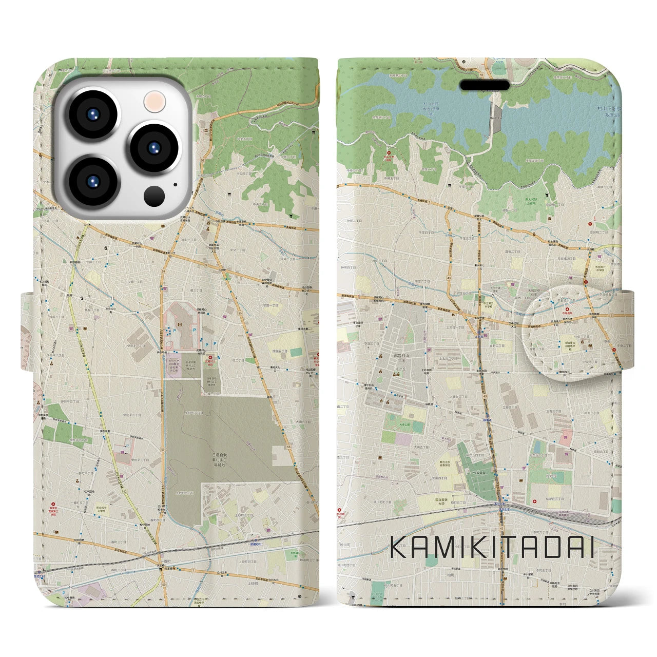 【上北台（東京都）】地図柄iPhoneケース（手帳タイプ）ナチュラル・iPhone 13 Pro 用