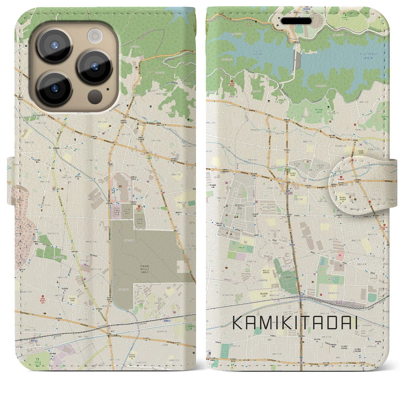 【上北台（東京都）】地図柄iPhoneケース（手帳タイプ）ナチュラル・iPhone 14 Pro Max 用