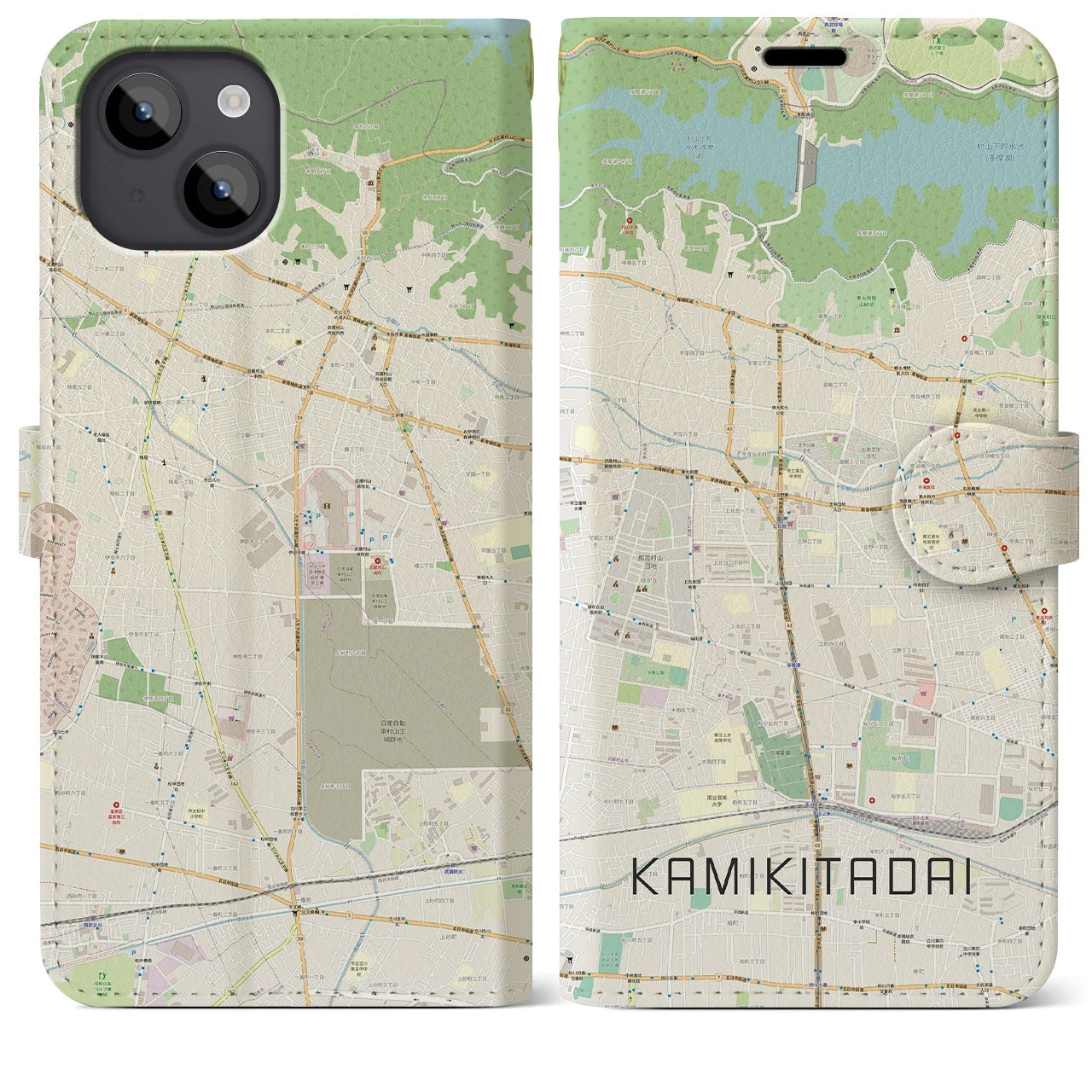 【上北台（東京都）】地図柄iPhoneケース（手帳タイプ）ナチュラル・iPhone 14 Plus 用