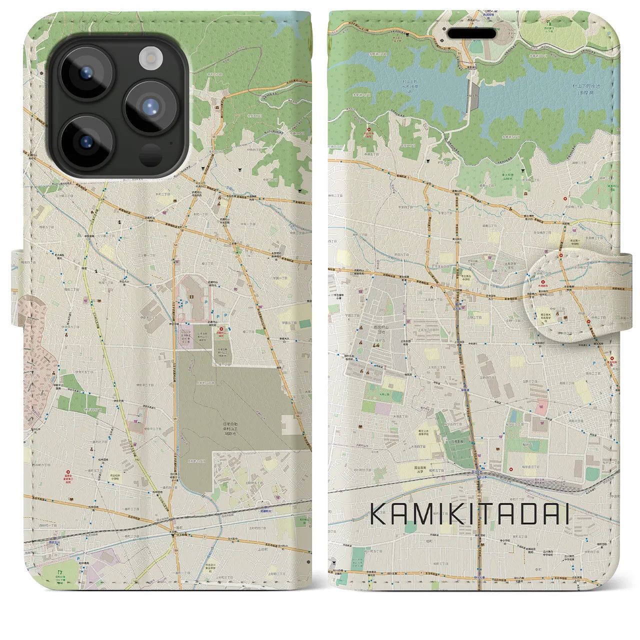 【上北台（東京都）】地図柄iPhoneケース（手帳タイプ）ナチュラル・iPhone 15 Pro Max 用