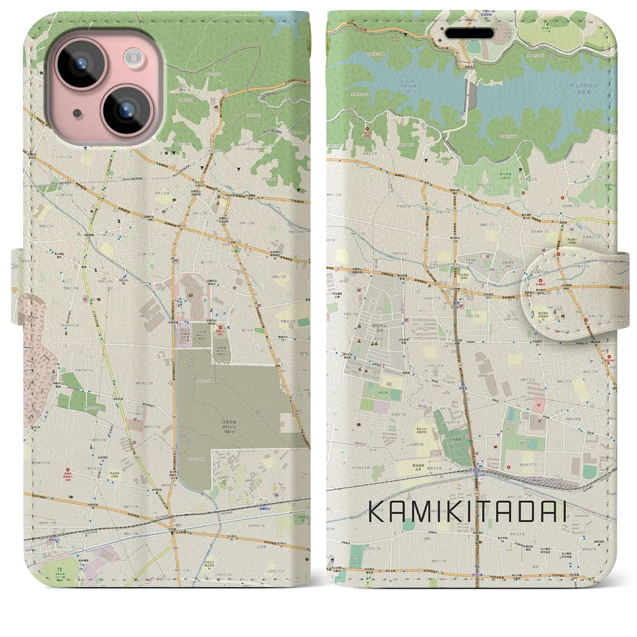 【上北台（東京都）】地図柄iPhoneケース（手帳タイプ）ナチュラル・iPhone 15 Plus 用