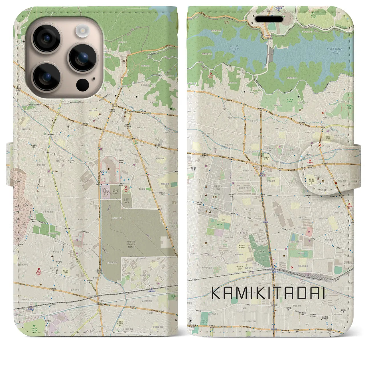 【上北台（東京都）】地図柄iPhoneケース（手帳タイプ）ナチュラル・iPhone 16 Plus 用