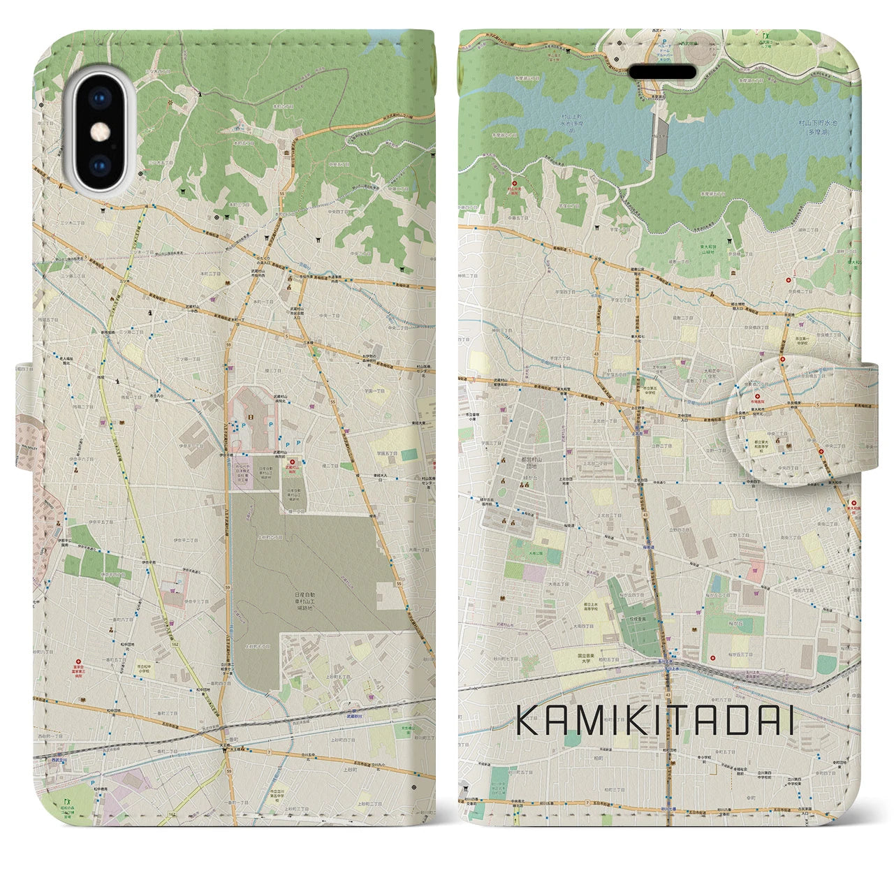 【上北台（東京都）】地図柄iPhoneケース（手帳タイプ）ナチュラル・iPhone XS Max 用