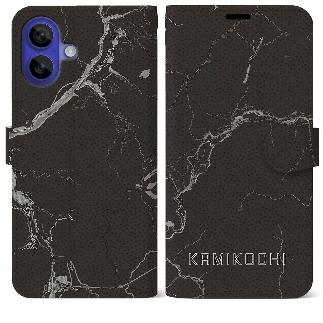 【上高地(長野県)】地図柄iPhoneケース(手帳タイプ)モノトーン・iPhone 16 Pro Max 用