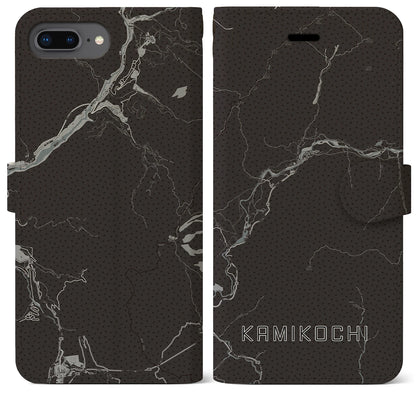 【上高地（長野県）】地図柄iPhoneケース（手帳タイプ）モノトーン・iPhone 8Plus /7Plus / 6sPlus / 6Plus 用