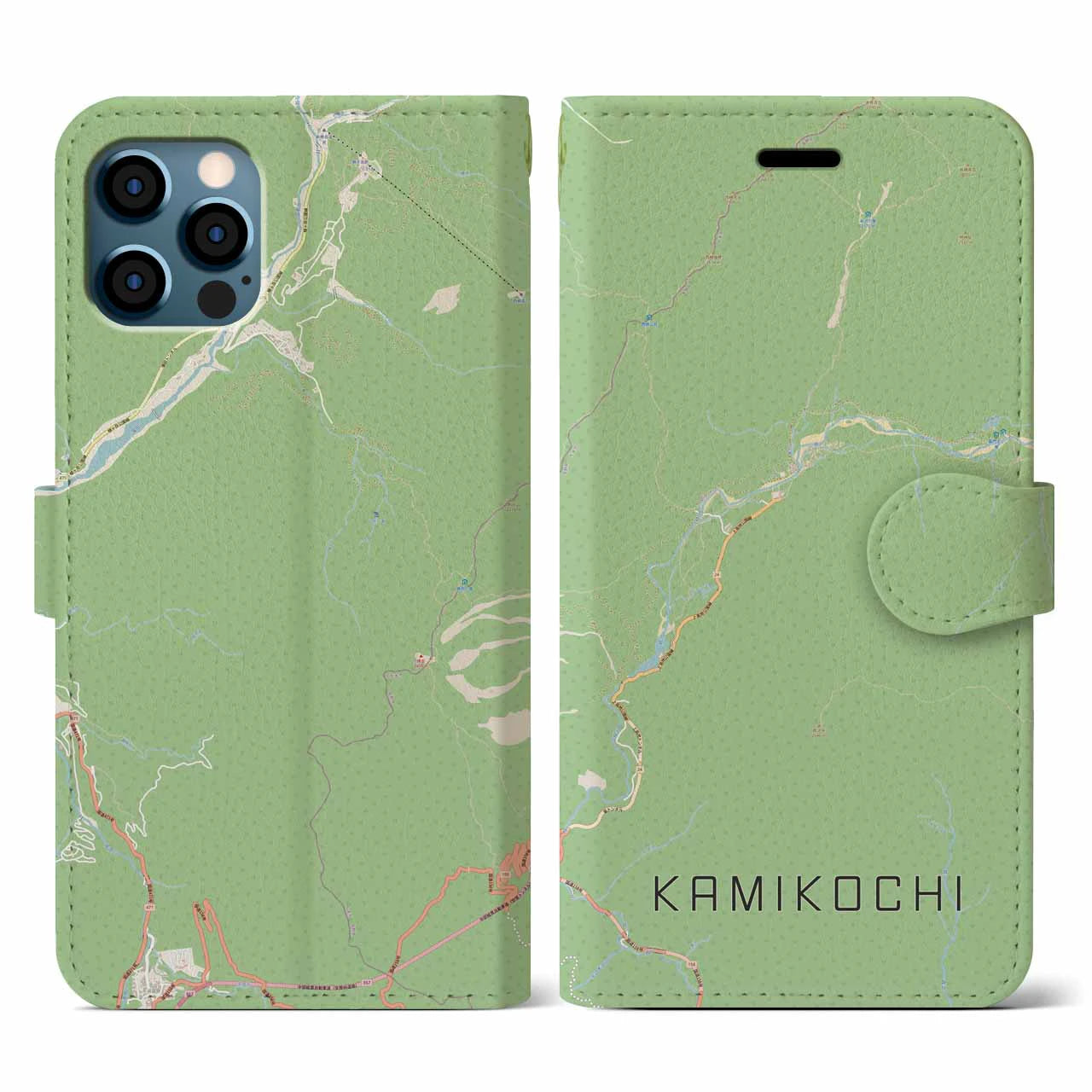 【上高地（長野県）】地図柄iPhoneケース（手帳タイプ）ナチュラル・iPhone 12 / 12 Pro 用