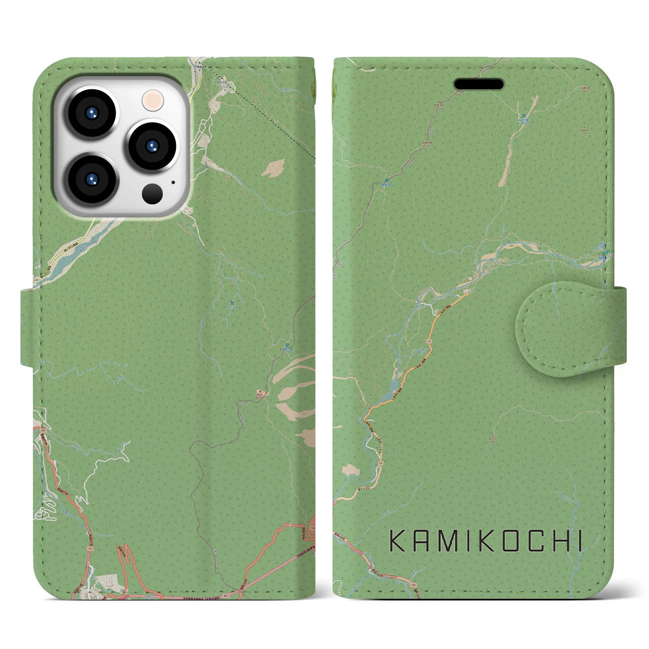 【上高地（長野県）】地図柄iPhoneケース（手帳タイプ）ナチュラル・iPhone 13 Pro 用