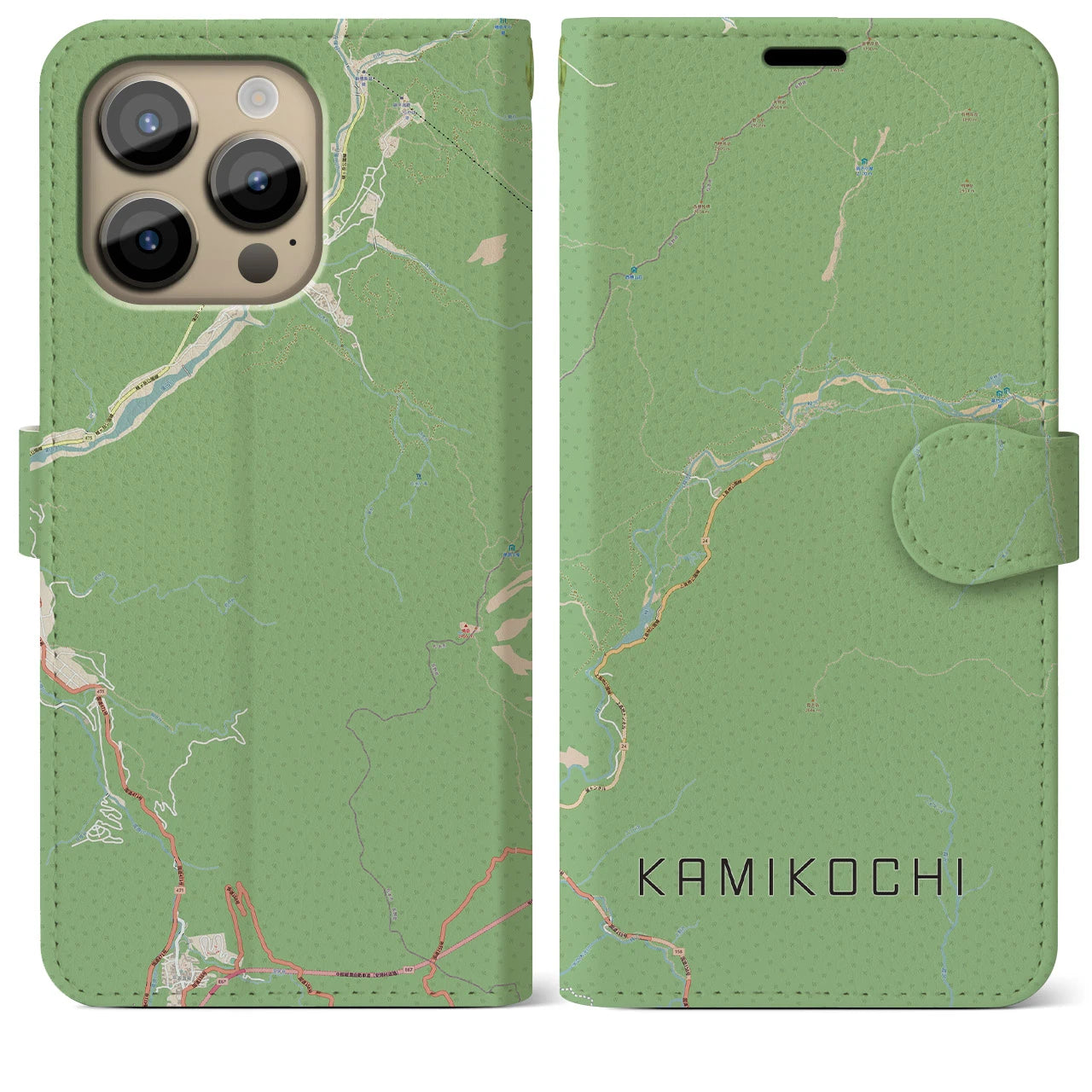 【上高地（長野県）】地図柄iPhoneケース（手帳タイプ）ナチュラル・iPhone 14 Pro Max 用