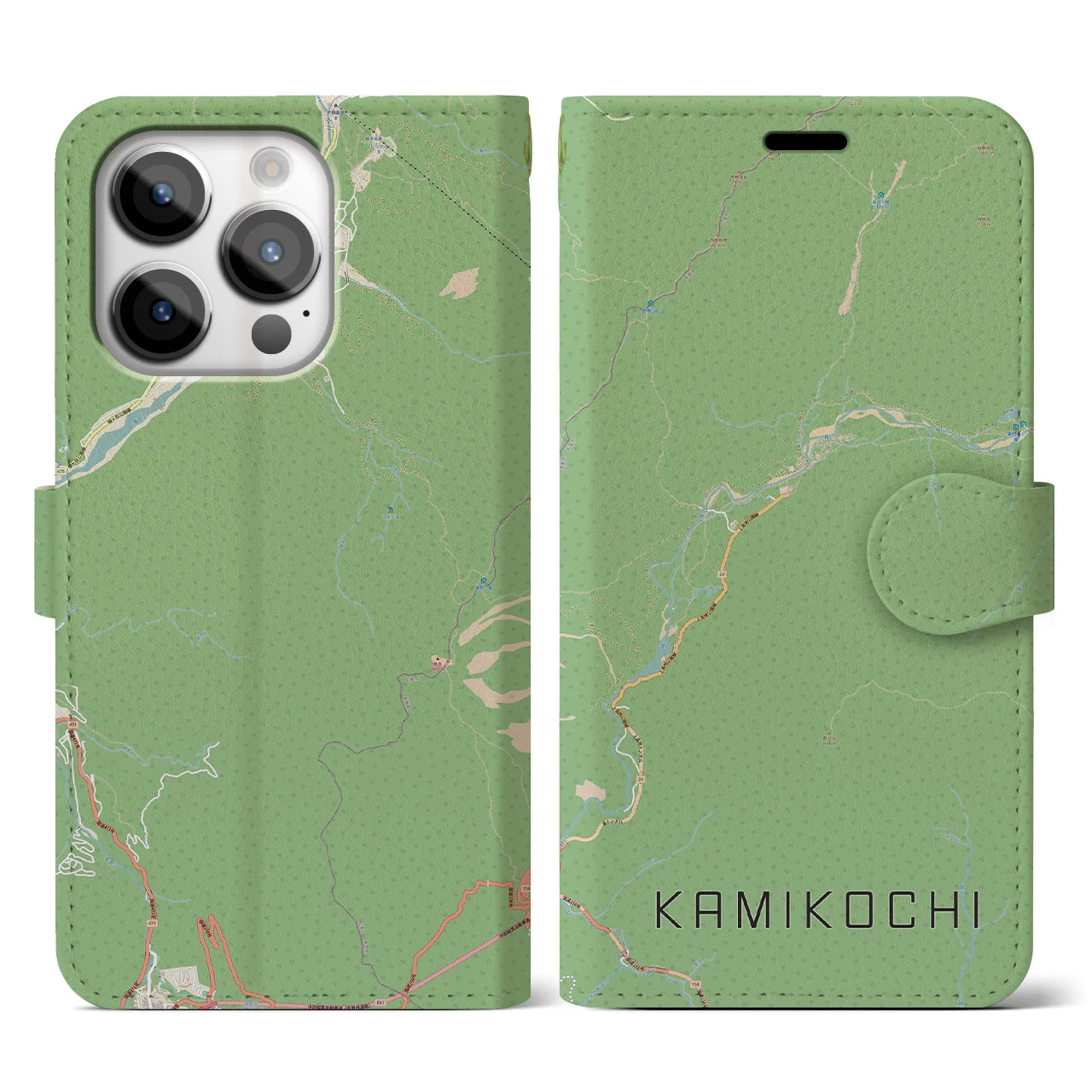 【上高地（長野県）】地図柄iPhoneケース（手帳タイプ）ナチュラル・iPhone 14 Pro 用