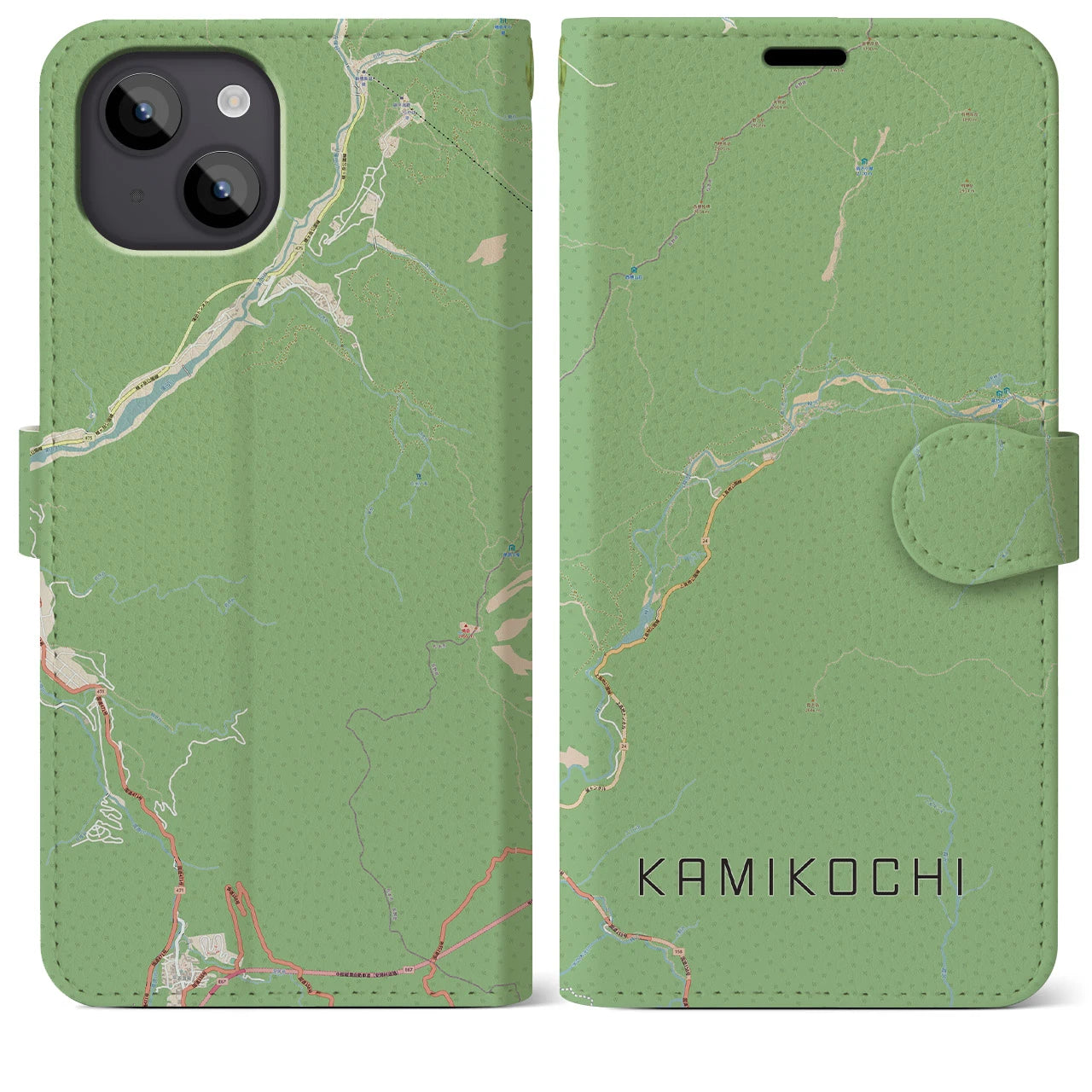 【上高地（長野県）】地図柄iPhoneケース（手帳タイプ）ナチュラル・iPhone 14 Plus 用