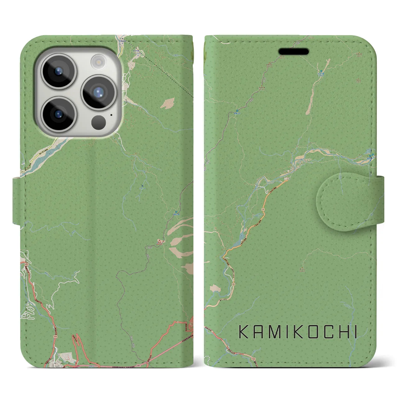 【上高地（長野県）】地図柄iPhoneケース（手帳タイプ）ナチュラル・iPhone 15 Pro 用