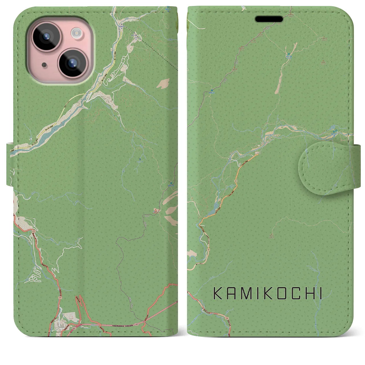 【上高地（長野県）】地図柄iPhoneケース（手帳タイプ）ナチュラル・iPhone 15 Plus 用