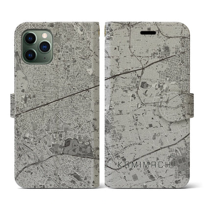 【上町（東京都）】地図柄iPhoneケース（手帳タイプ）モノトーン・iPhone 11 Pro 用