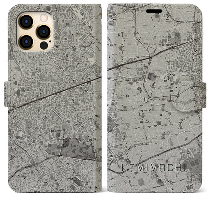 【上町（東京都）】地図柄iPhoneケース（手帳タイプ）モノトーン・iPhone 12 Pro Max 用