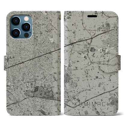 【上町（東京都）】地図柄iPhoneケース（手帳タイプ）モノトーン・iPhone 12 / 12 Pro 用