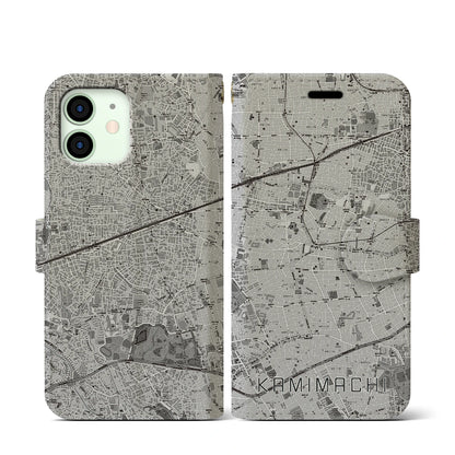 【上町（東京都）】地図柄iPhoneケース（手帳タイプ）モノトーン・iPhone 12 mini 用