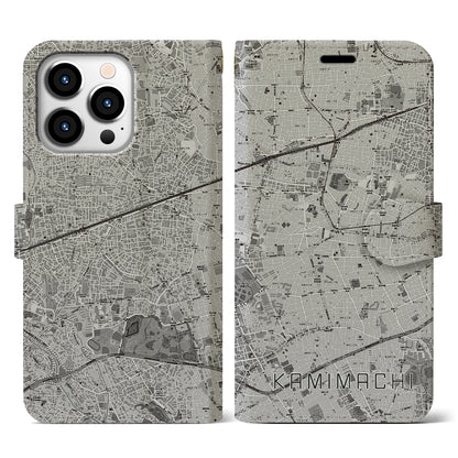 【上町（東京都）】地図柄iPhoneケース（手帳タイプ）モノトーン・iPhone 13 Pro 用