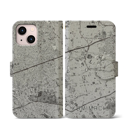 【上町（東京都）】地図柄iPhoneケース（手帳タイプ）モノトーン・iPhone 13 mini 用