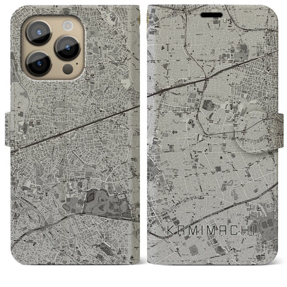 【上町（東京都）】地図柄iPhoneケース（手帳タイプ）モノトーン・iPhone 14 Pro Max 用