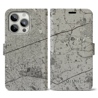 【上町（東京都）】地図柄iPhoneケース（手帳タイプ）モノトーン・iPhone 15 Pro 用