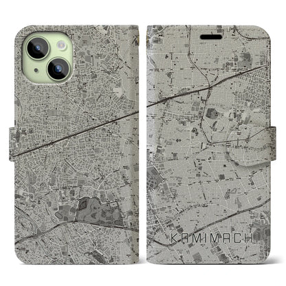 【上町（東京都）】地図柄iPhoneケース（手帳タイプ）モノトーン・iPhone 15 用