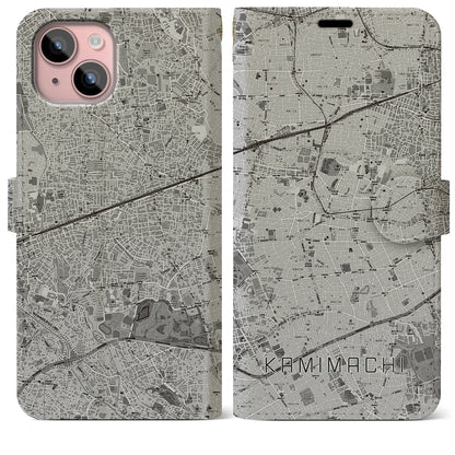 【上町（東京都）】地図柄iPhoneケース（手帳タイプ）モノトーン・iPhone 15 Plus 用