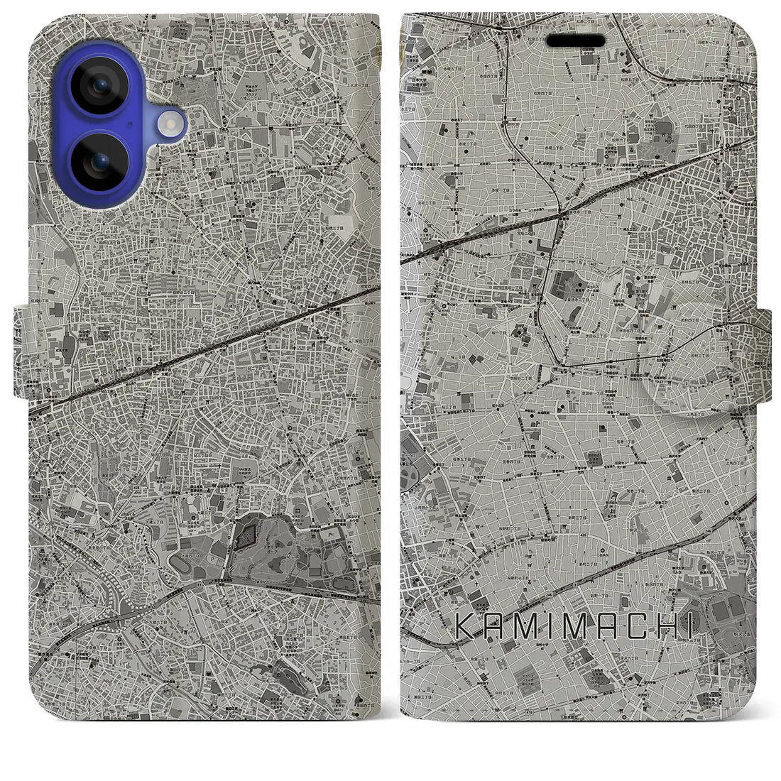 【上町(東京都)】地図柄iPhoneケース(手帳タイプ)モノトーン・iPhone 16 Pro Max 用