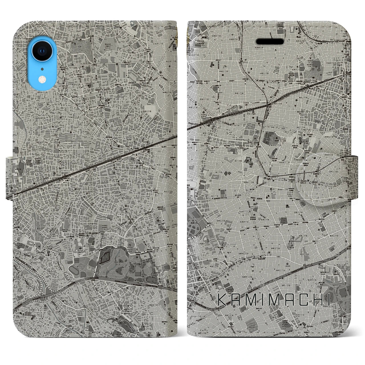 【上町】地図柄iPhoneケース（手帳両面タイプ・モノトーン）iPhone XR 用
