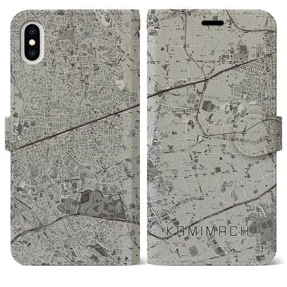 【上町（東京都）】地図柄iPhoneケース（手帳タイプ）モノトーン・iPhone XS Max 用