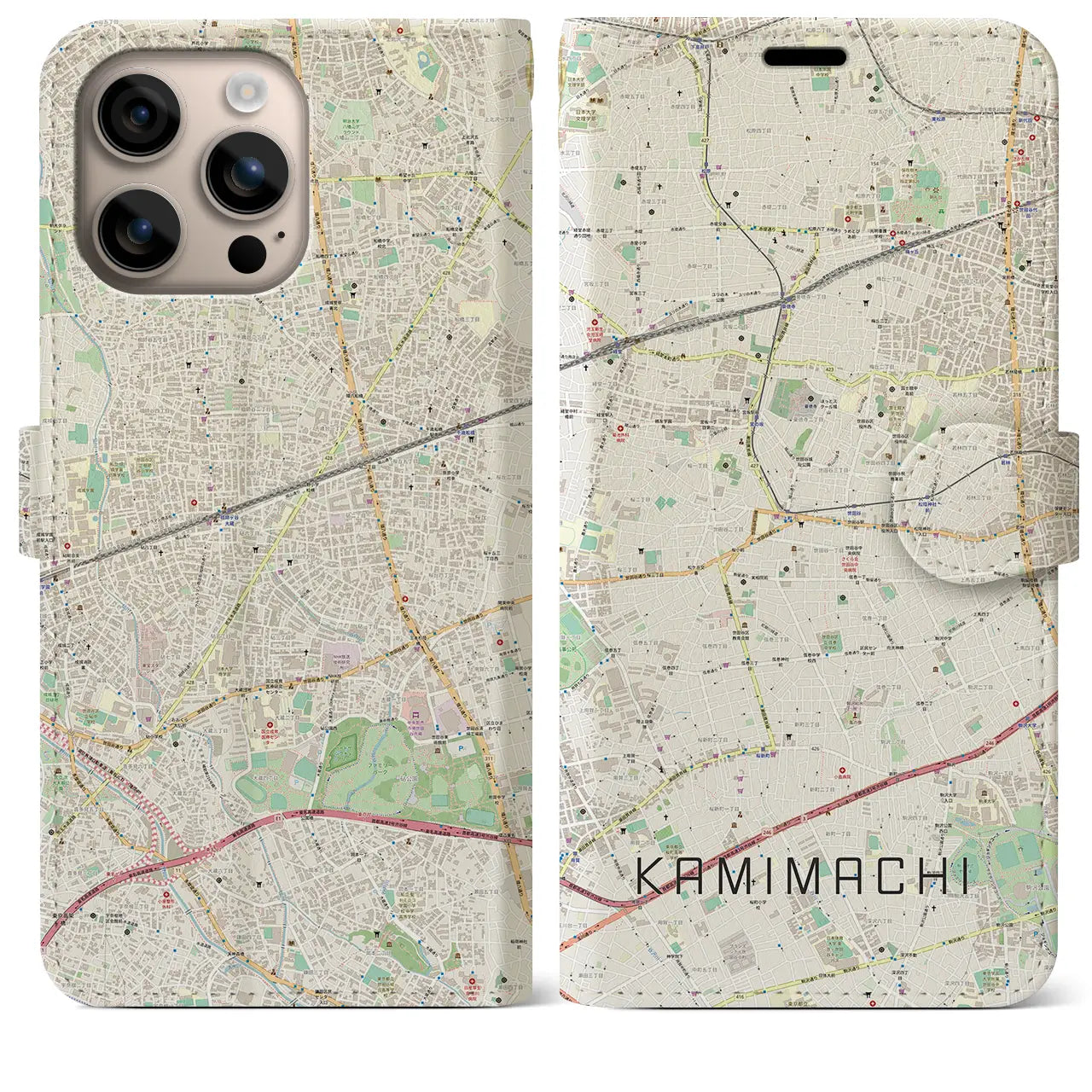 【上町（東京都）】地図柄iPhoneケース（手帳タイプ）ナチュラル・iPhone 16 Plus 用