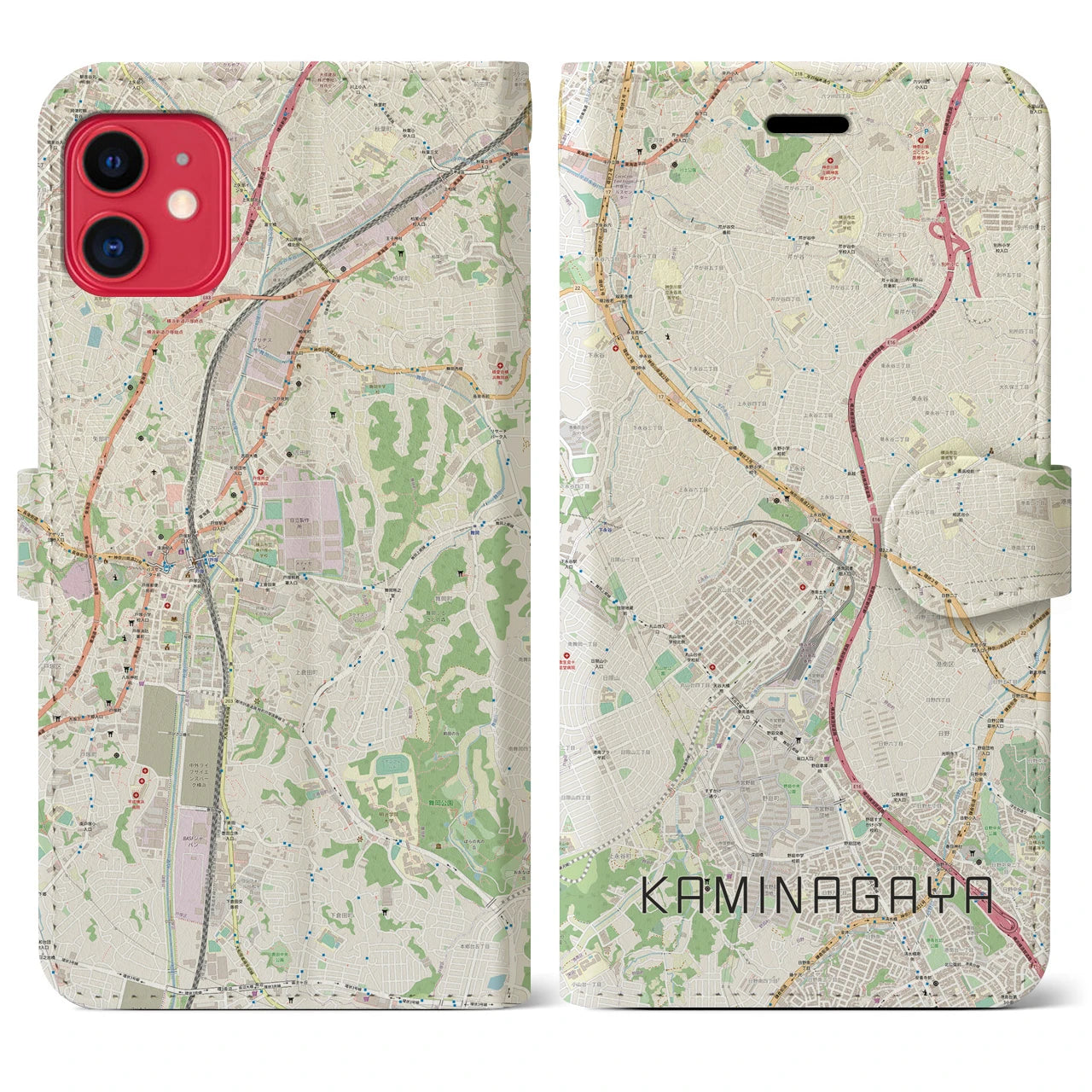 【上永谷（神奈川県）】地図柄iPhoneケース（手帳タイプ）ナチュラル・iPhone 11 用