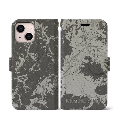 【上山（山形県）】地図柄iPhoneケース（手帳タイプ）モノトーン・iPhone 13 mini 用