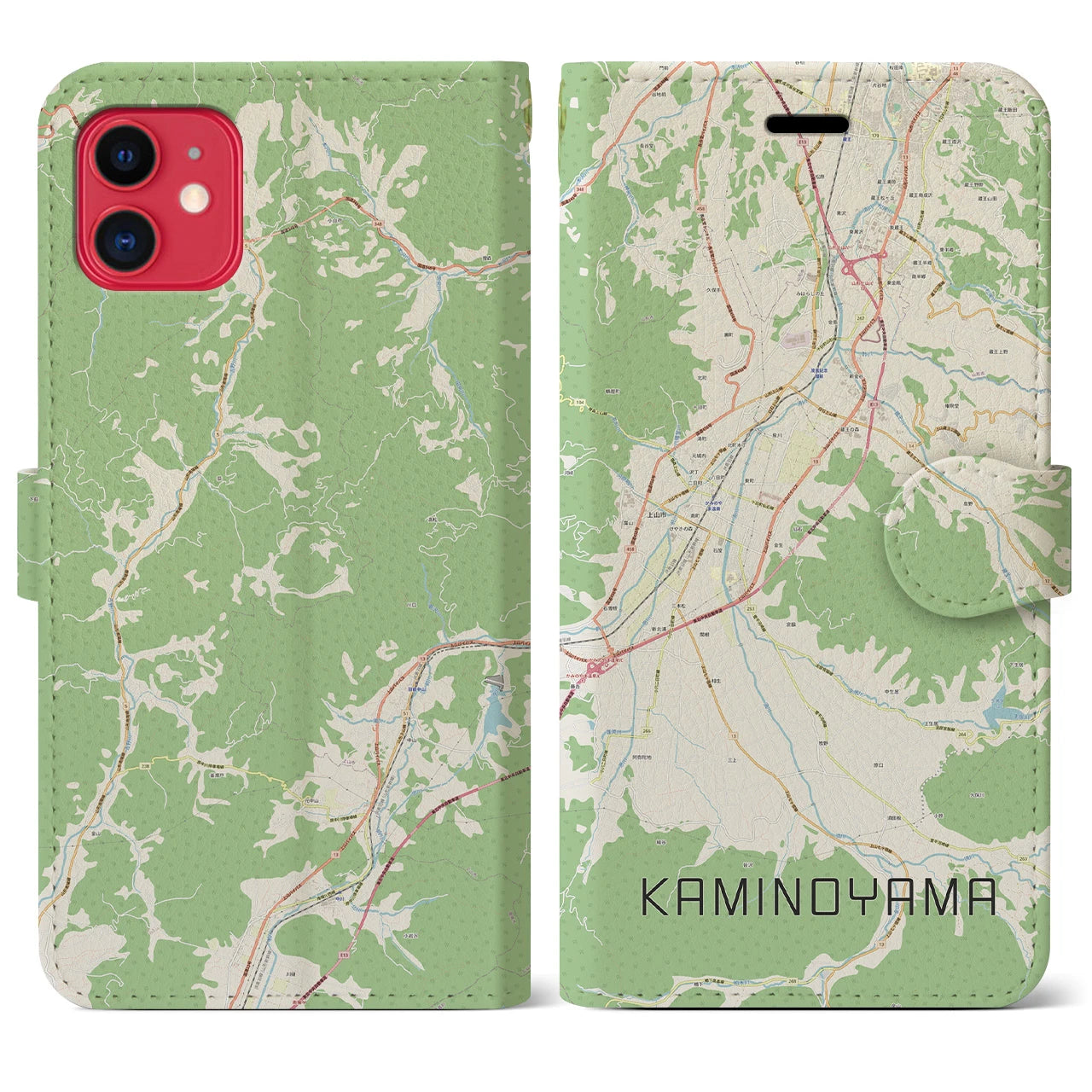 【上山（山形県）】地図柄iPhoneケース（手帳タイプ）ナチュラル・iPhone 11 用