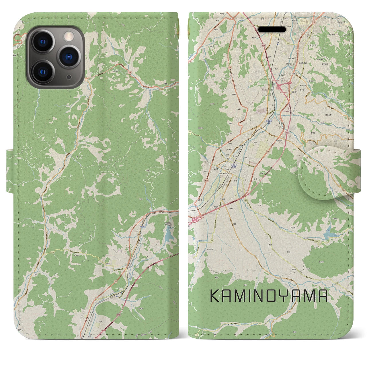 【上山（山形県）】地図柄iPhoneケース（手帳タイプ）ナチュラル・iPhone 11 Pro Max 用