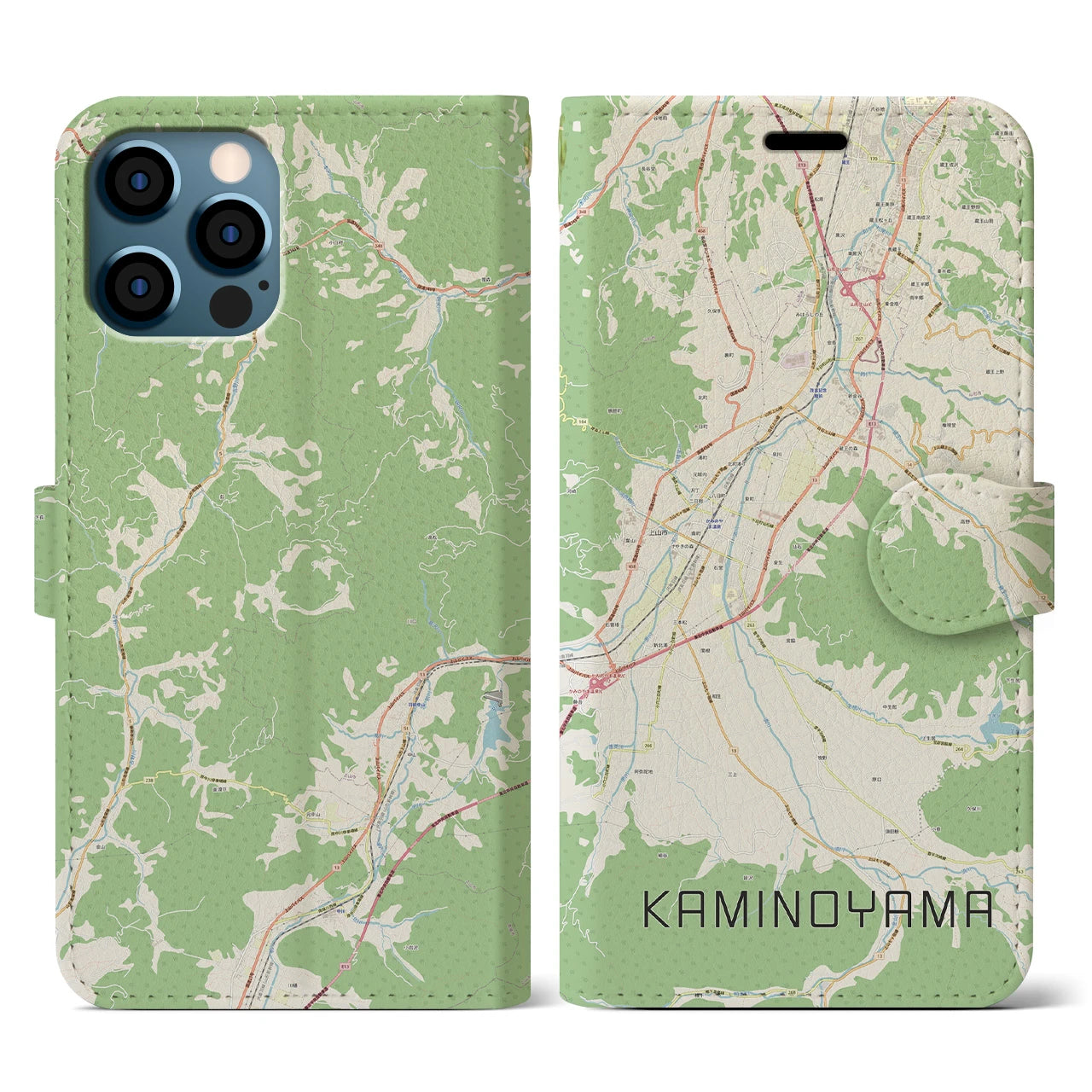 【上山（山形県）】地図柄iPhoneケース（手帳タイプ）ナチュラル・iPhone 12 / 12 Pro 用