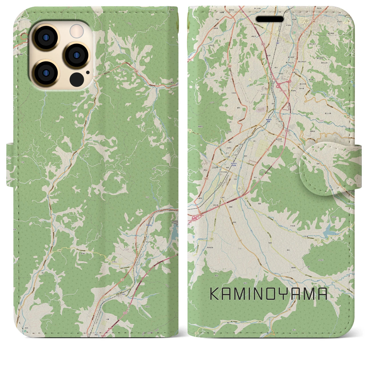 【上山（山形県）】地図柄iPhoneケース（手帳タイプ）ナチュラル・iPhone 12 Pro Max 用