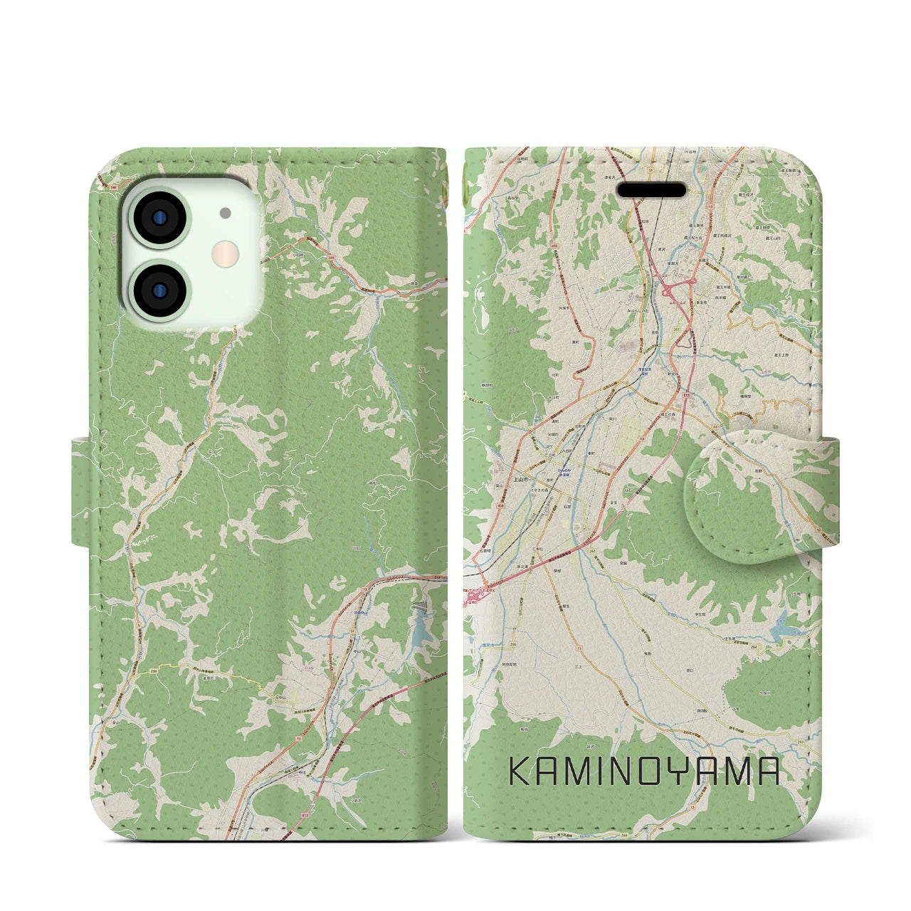 【上山（山形県）】地図柄iPhoneケース（手帳タイプ）ナチュラル・iPhone 12 mini 用