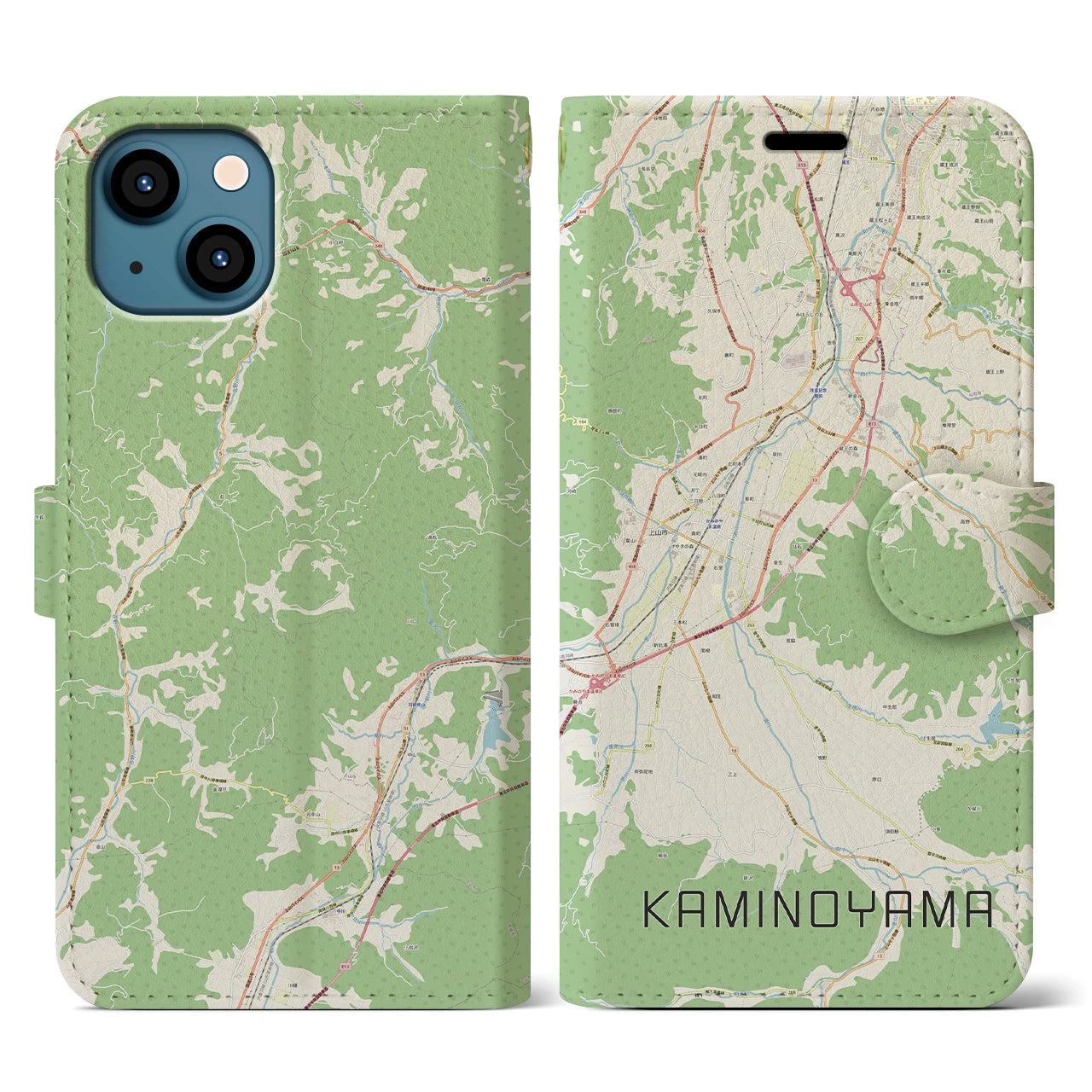 【上山（山形県）】地図柄iPhoneケース（手帳タイプ）ナチュラル・iPhone 13 用