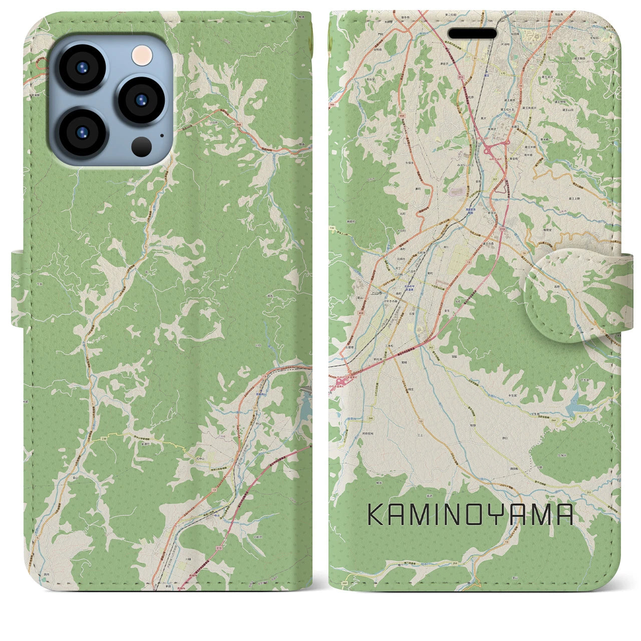 【上山（山形県）】地図柄iPhoneケース（手帳タイプ）ナチュラル・iPhone 13 Pro Max 用