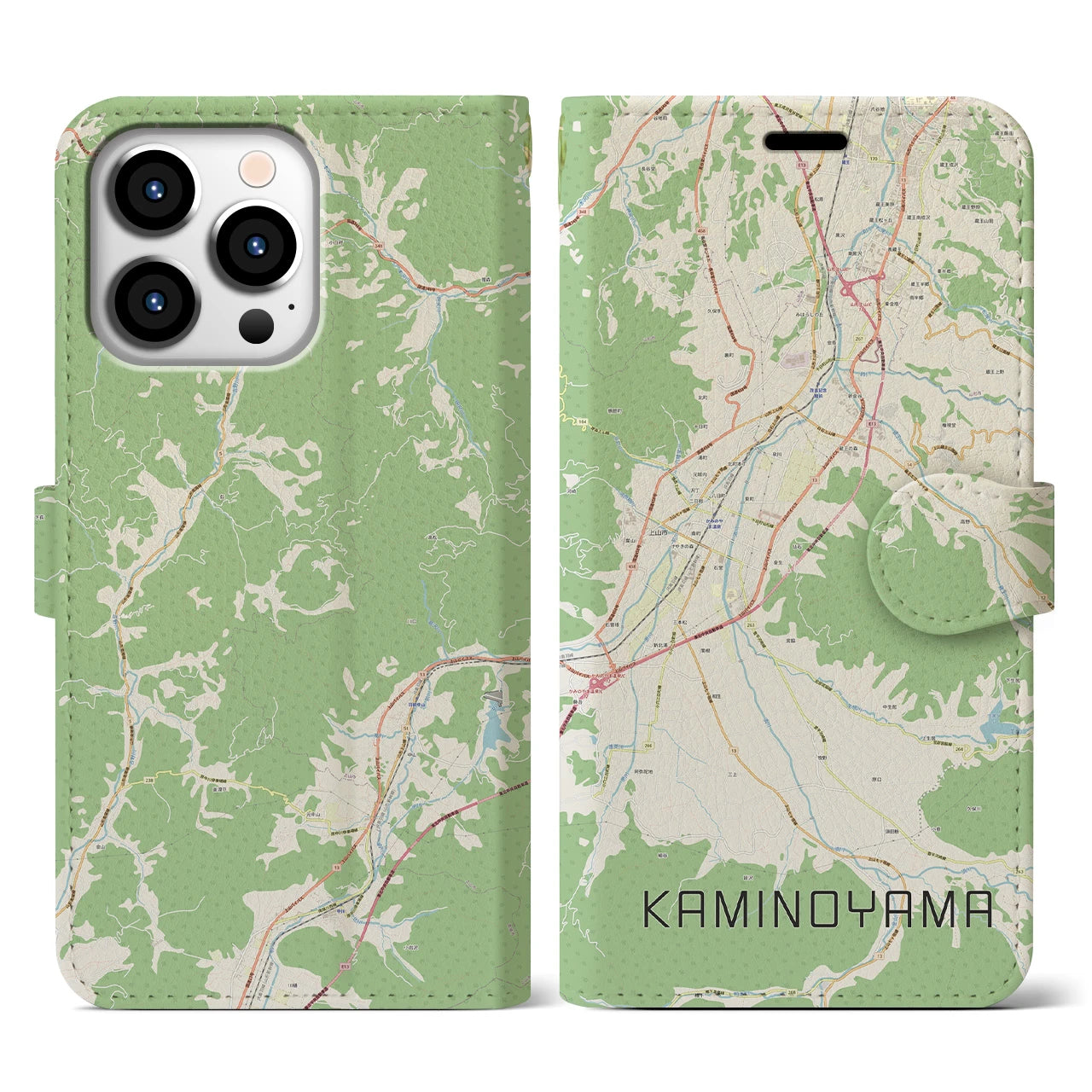 【上山（山形県）】地図柄iPhoneケース（手帳タイプ）ナチュラル・iPhone 13 Pro 用