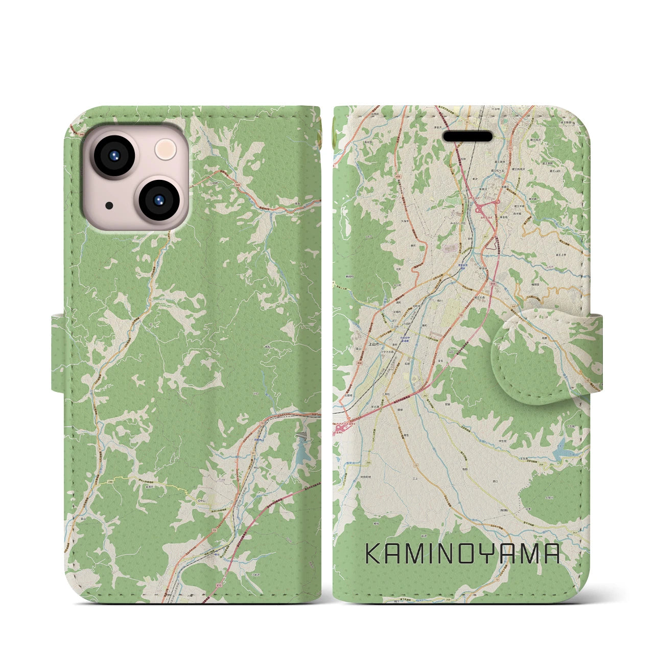 【上山（山形県）】地図柄iPhoneケース（手帳タイプ）ナチュラル・iPhone 13 mini 用