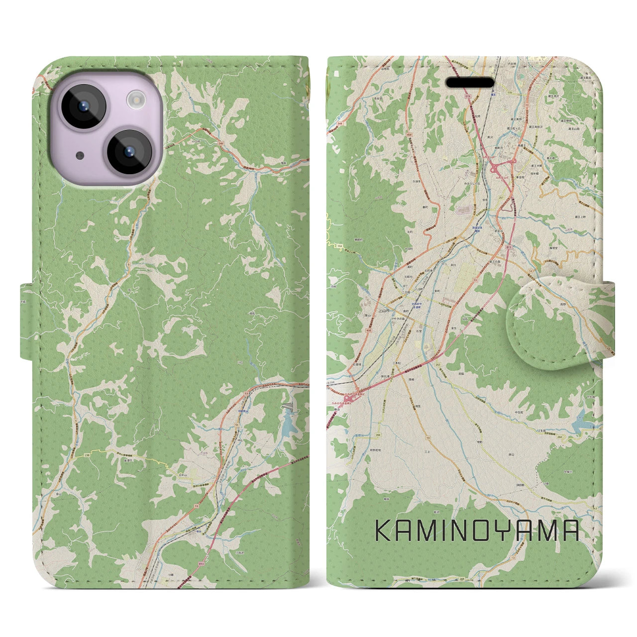 【上山（山形県）】地図柄iPhoneケース（手帳タイプ）ナチュラル・iPhone 14 用