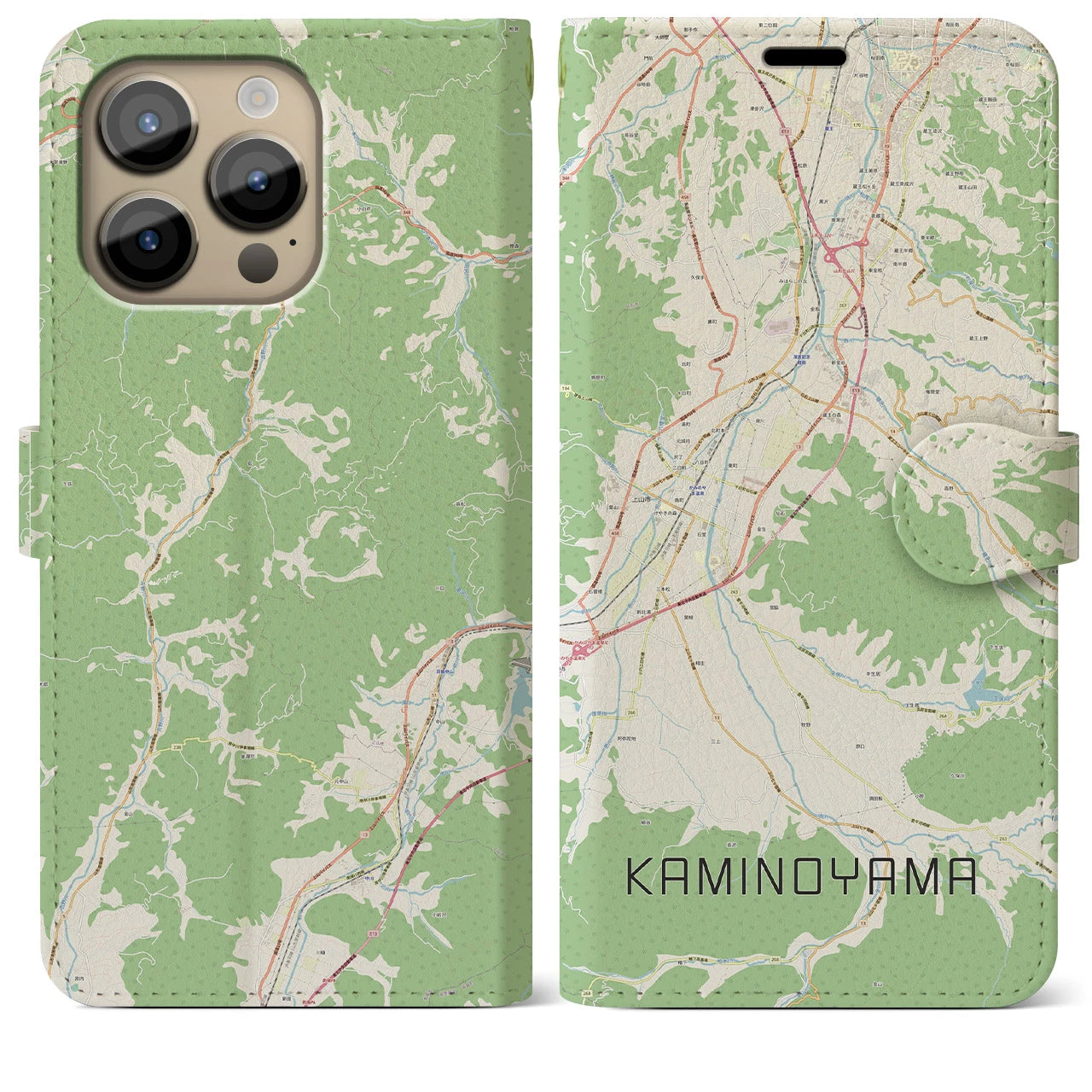 【上山（山形県）】地図柄iPhoneケース（手帳タイプ）ナチュラル・iPhone 14 Pro Max 用