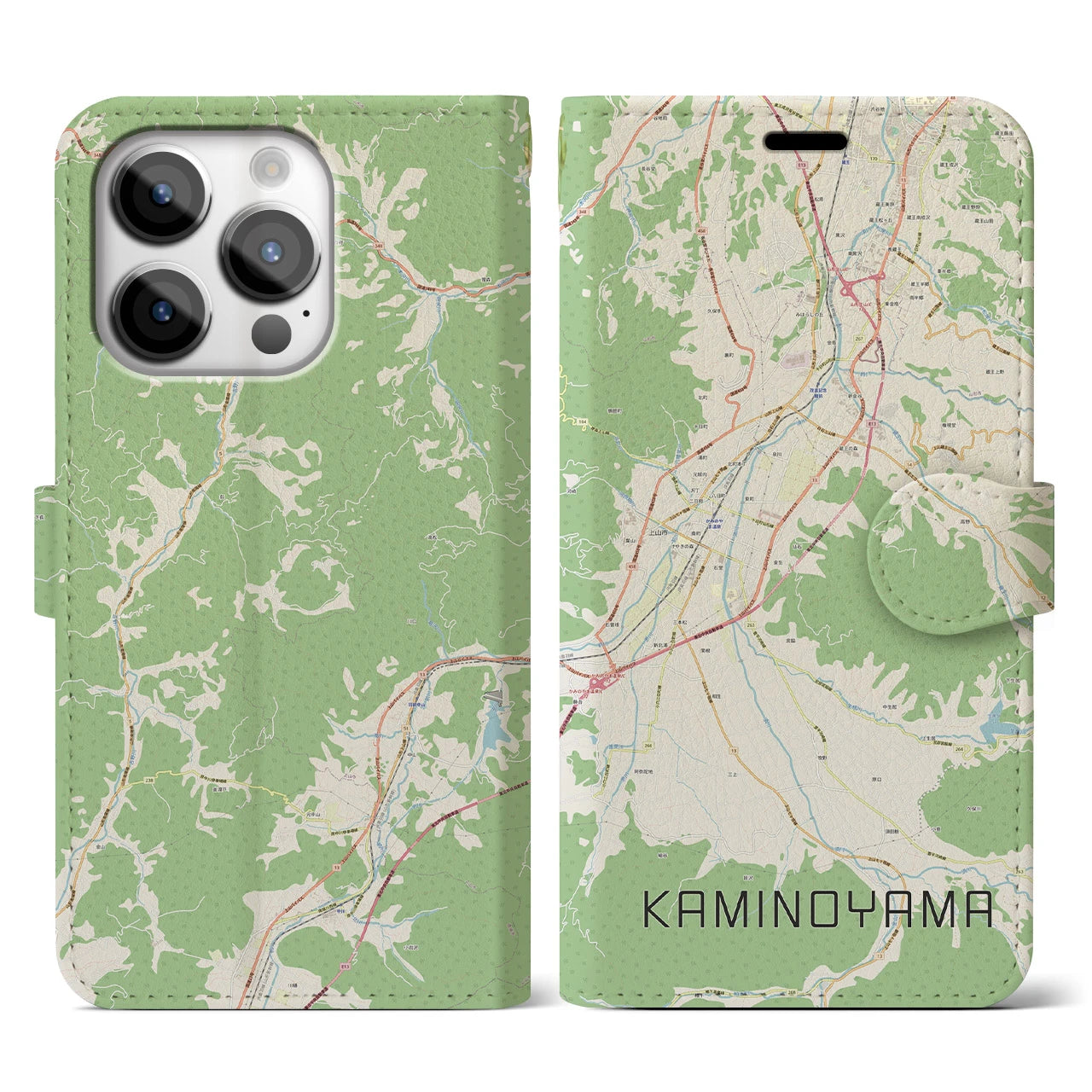 【上山（山形県）】地図柄iPhoneケース（手帳タイプ）ナチュラル・iPhone 14 Pro 用