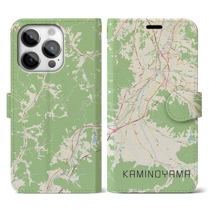 【上山（山形県）】地図柄iPhoneケース（手帳タイプ）ナチュラル・iPhone 14 Pro 用