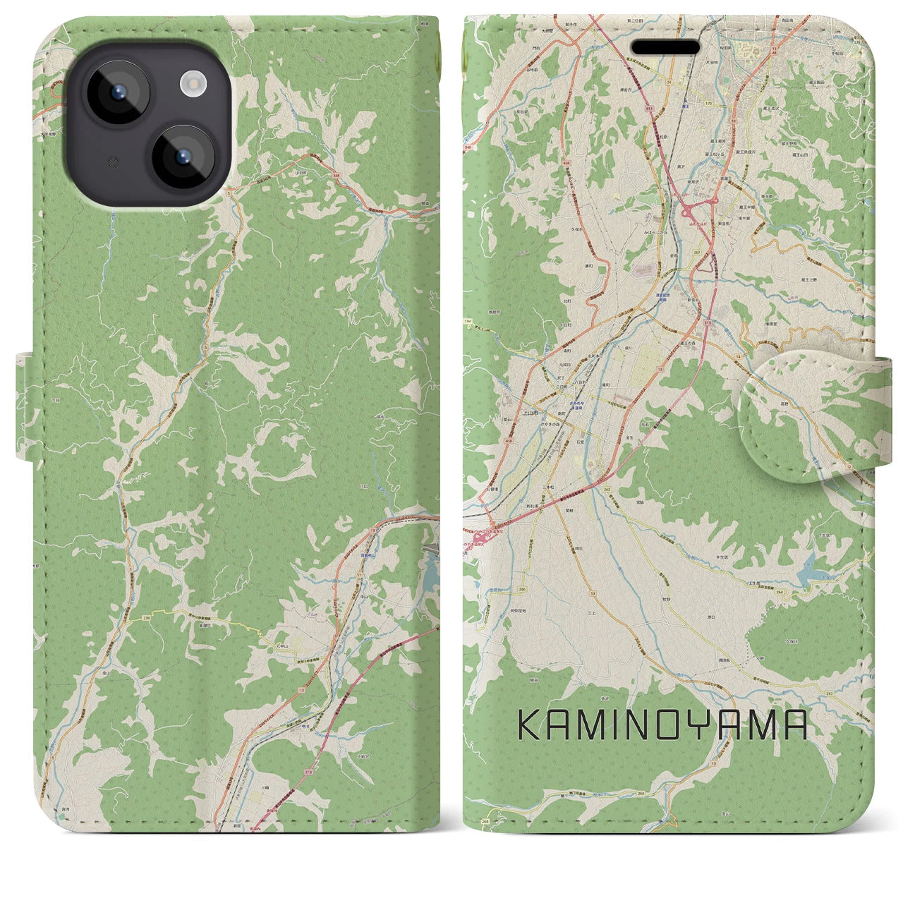 【上山（山形県）】地図柄iPhoneケース（手帳タイプ）ナチュラル・iPhone 14 Plus 用