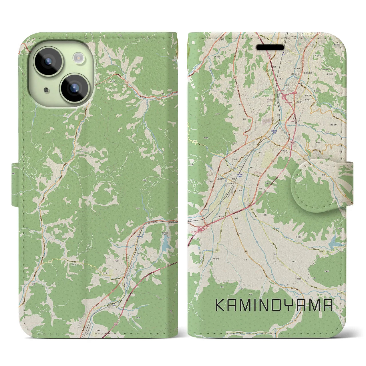 【上山（山形県）】地図柄iPhoneケース（手帳タイプ）ナチュラル・iPhone 15 用