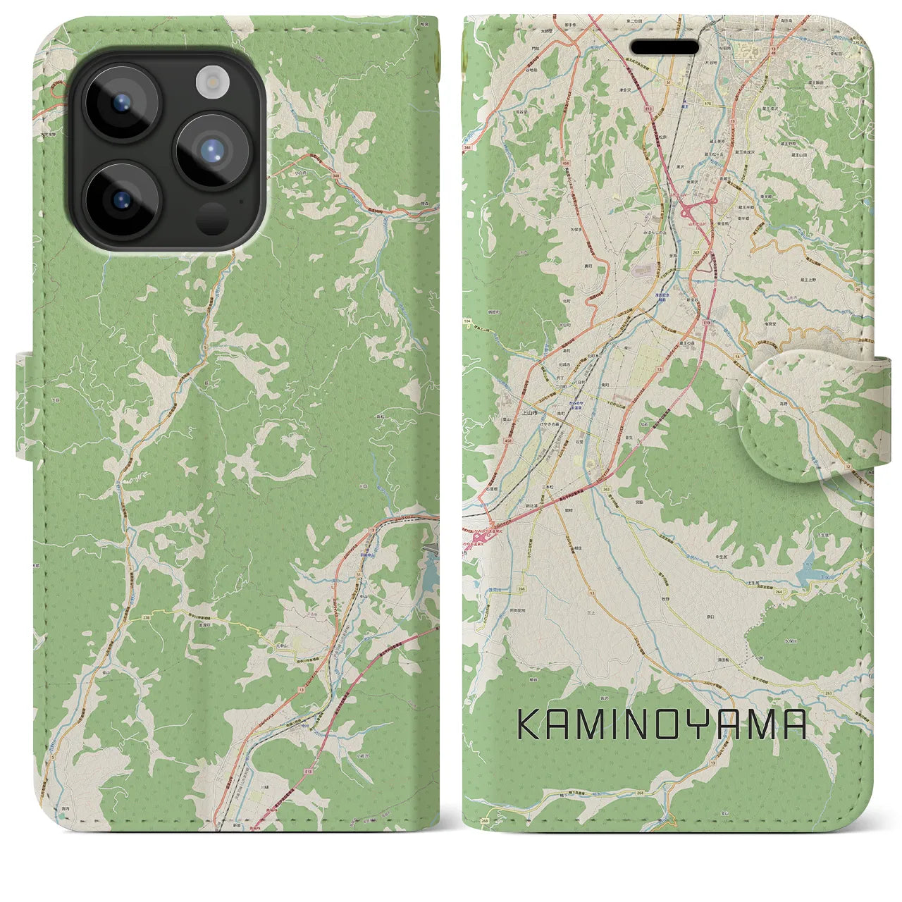 【上山（山形県）】地図柄iPhoneケース（手帳タイプ）ナチュラル・iPhone 15 Pro Max 用